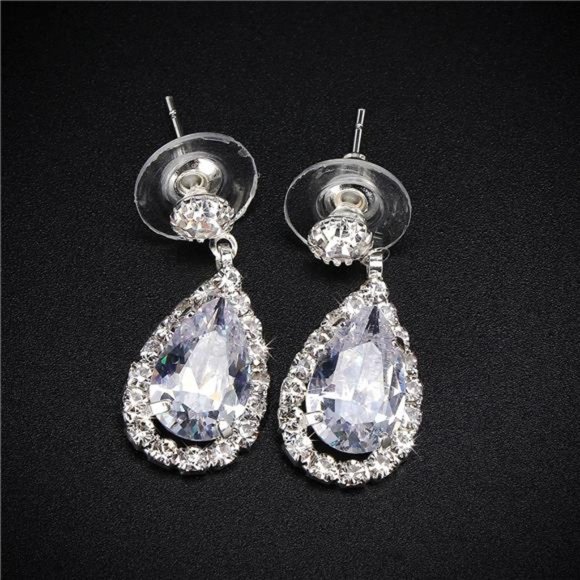 Bride Jewelry Set Silver Crystal Wedding Necklace Earrings Bridal Rhinestone - Picture 6 of 6